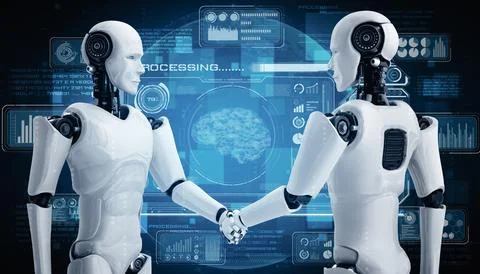 XAI 3D rendering humanoid robot handshake to collaborate future technology Stock Illustration