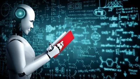 XAI 3D rendering of robot hominoid reading book and solving math イラスト素材