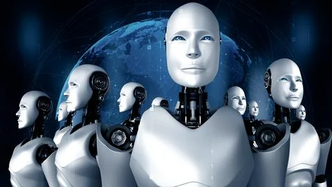 XAI 3D rendering of robot hominoid group Stock Illustration