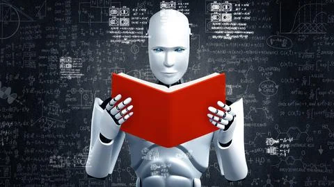 XAI 3D rendering of robot hominoid reading book and solving math Stock Illustration