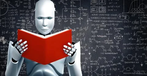 XAI 3D rendering of robot hominoid reading book and solving math 스톡 일러스트