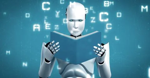 XAI 3D rendering of robot hominoid reading book 스톡 일러스트