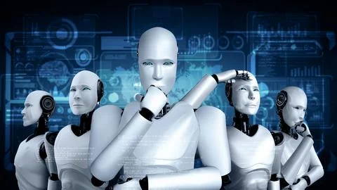 XAI 3D rendering of robot hominoid group Stock Illustration