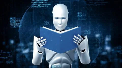 XAI 3D rendering of robot hominoid reading book and solving math 스톡 일러스트