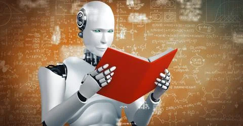 XAI 3D rendering of robot hominoid reading book and solving math Stock Illustration