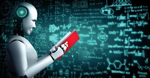 XAI 3D rendering of robot hominoid reading book and solving math 库存插图