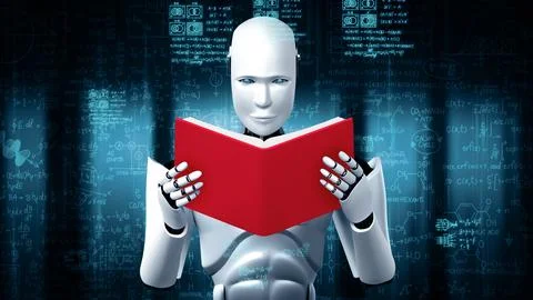 XAI 3D rendering of robot hominoid reading book and solving math イラスト素材
