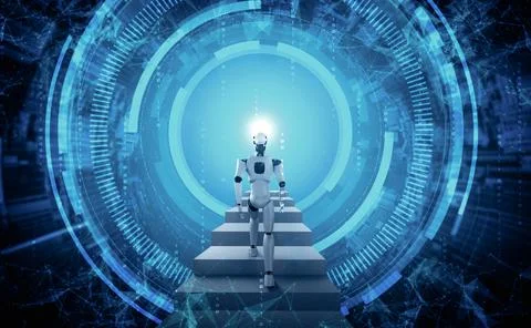 XAI 3D rendering robot humanoid walk up stair to success 스톡 일러스트