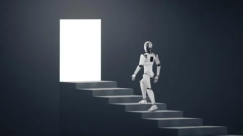XAI 3D rendering robot humanoid walk up stair to success Illustrazione stock