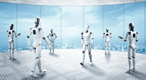 XAI 3D rendering robot humanoid working in future office interior 스톡 일러스트