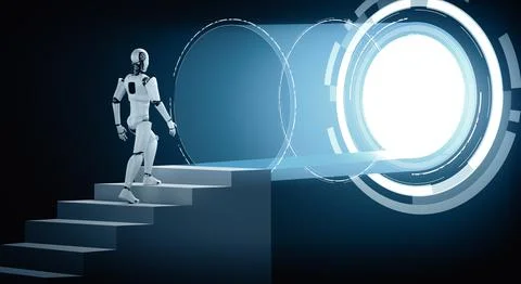 XAI 3D rendering robot humanoid walk up stair to success 스톡 일러스트
