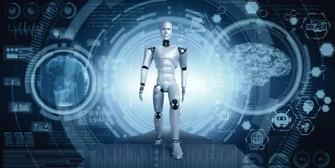 XAI 3D rendering robot humanoid in sci fi fantasy world 스톡 일러스트