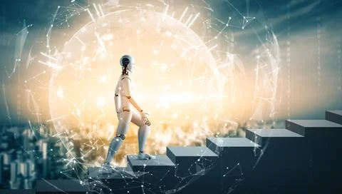 XAI 3D rendering robot humanoid walk up stair to success 스톡 일러스트