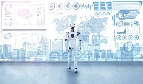 XAI 3D rendering robot humanoid analyzing big data using AI thinking Stock Illustration