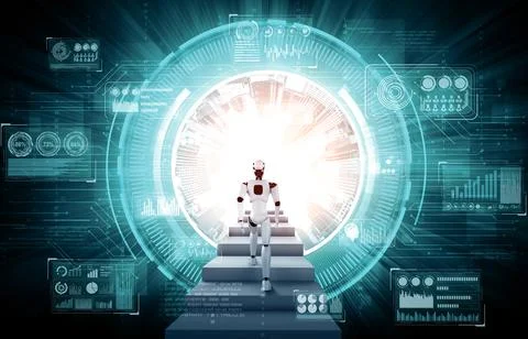 XAI 3D rendering robot humanoid walk up stair to success イラスト素材