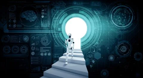 XAI 3D rendering robot humanoid walk up stair to success Illustrazione stock