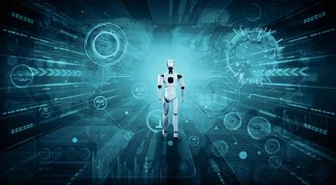 XAI 3D rendering robot humanoid analyzing big data using AI thinking 스톡 일러스트