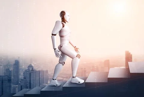 XAI 3D rendering robot humanoid walk up stair to success Illustrazione stock