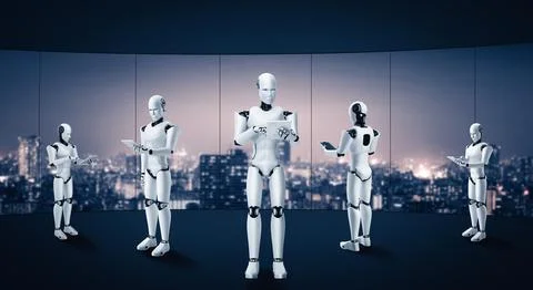 XAI 3D rendering robot humanoid working in future office interior 스톡 일러스트