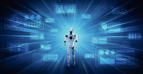 XAI 3D rendering robot humanoid analyzing big data using AI thinking Stock Illustration