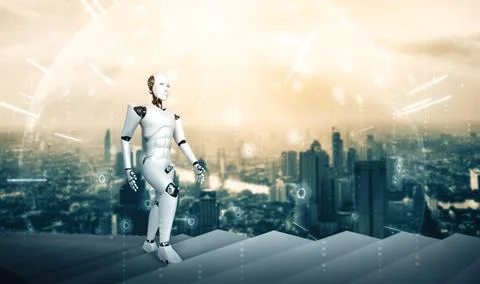 XAI 3D rendering robot humanoid walk up stair to success Stock Illustration