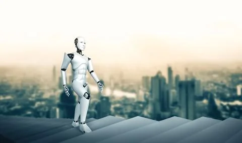 XAI 3D rendering robot humanoid walk up stair to success Illustrazione stock