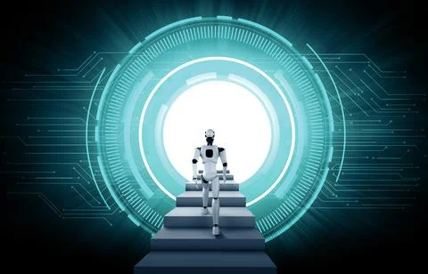 XAI 3D rendering robot humanoid walk up stair to success Stock Illustration