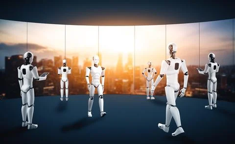 XAI 3D rendering robot humanoid working in future office interior Illustrazione stock