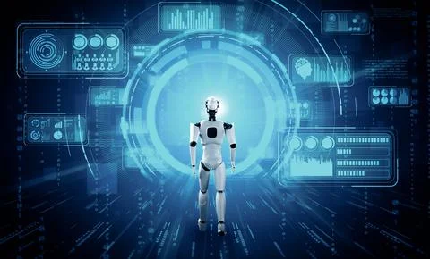 XAI 3D rendering robot humanoid analyzing big data using AI thinking Illustrazione stock