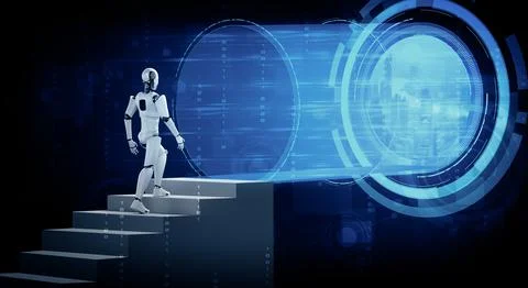 XAI 3D rendering robot humanoid walk up stair to success Stock Illustration