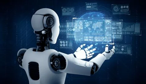 XAI AI humanoid robot holding virtual hologram screen showing concept of big Stock Illustration