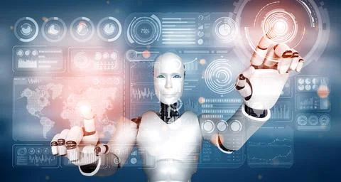 XAI AI humanoid robot touching virtual hologram screen showing concept of big 스톡 일러스트