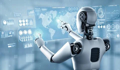 XAI AI humanoid robot touching hologram screen shows concept of global Stockillustratie
