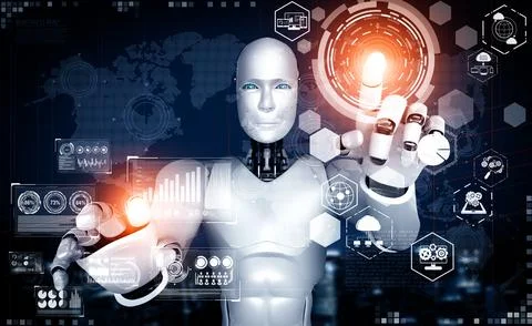 XAI AI humanoid robot touching hologram screen shows concept of global Stock Illustration