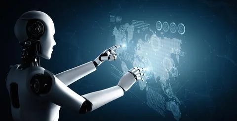 XAI AI humanoid robot touching hologram screen shows concept of global 스톡 일러스트