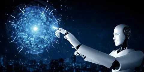 XAI AI humanoid robot touching hologram screen shows concept of global 스톡 일러스트