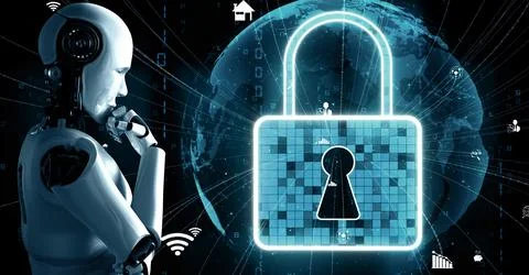 XAI AI robot huminoid uses cloud computing technology to store data on online Illustrazione stock