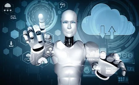 XAI AI robot using cloud computing technology to store data on online server Illustrazione stock