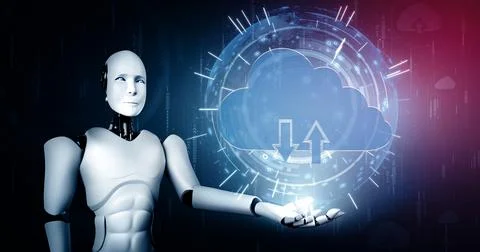 XAI AI robot using cloud computing technology to store data on online server Illustrazione stock