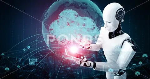 XAI AI robot using cloud computing technology to store data on online server Illustrazione stock
