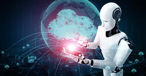 XAI AI robot using cloud computing technology to store data on online server Illustrazione stock