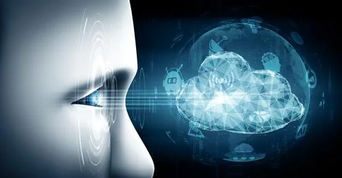 XAI AI robot using cloud computing technology to store data on online server Illustrazione stock