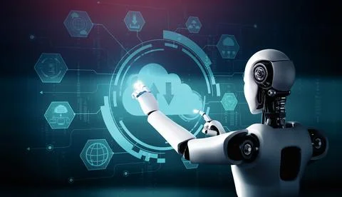 XAI AI robot using cloud computing technology to store data on online server Illustrazione stock