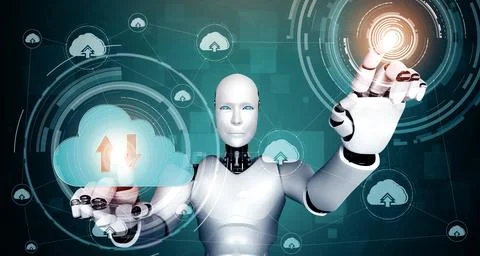 XAI AI robot using cloud computing technology to store data on online server Illustrazione stock