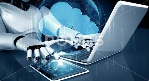XAI AI robot using cloud computing technology to store data on online server Illustrazione stock