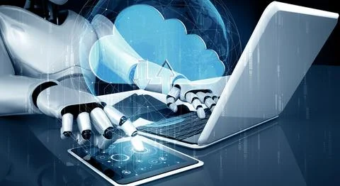 XAI AI robot using cloud computing technology to store data on online server Illustrazione stock