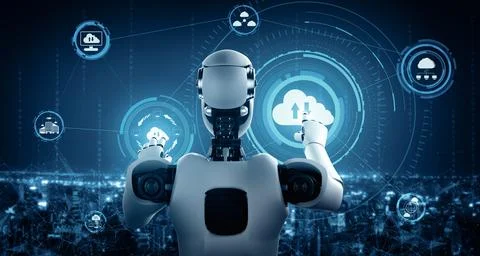 XAI AI robot using cloud computing technology to store data on online server Stock Illustration