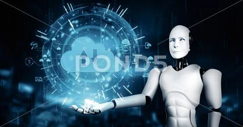 XAI AI robot using cloud computing technology to store data on online server Illustrazione stock
