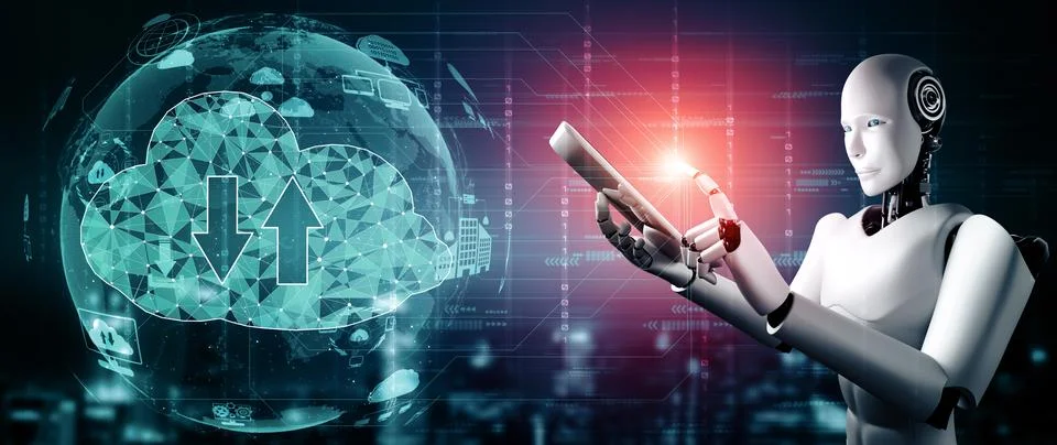 XAI AI robot using cloud computing technology to store data on online server Stock Illustration