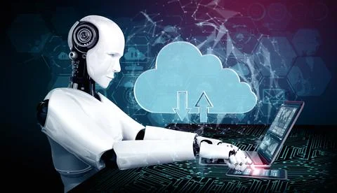 XAI AI robot using cloud computing technology to store data on online server Illustrazione stock